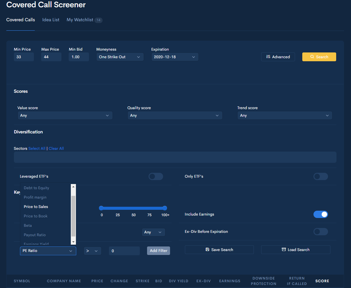 COVERED CALL SCREENER